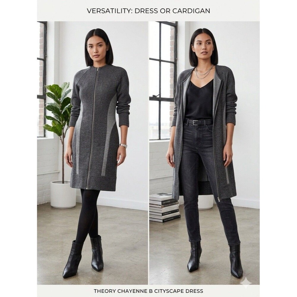 Theory Gray Knit Zip Up Long Sleeve Dress Virgin Wool Blend Size 12 Workwear
